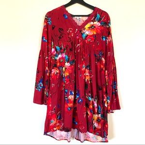 Umgee Floral Print Bell Sleeve Red Floral Dress